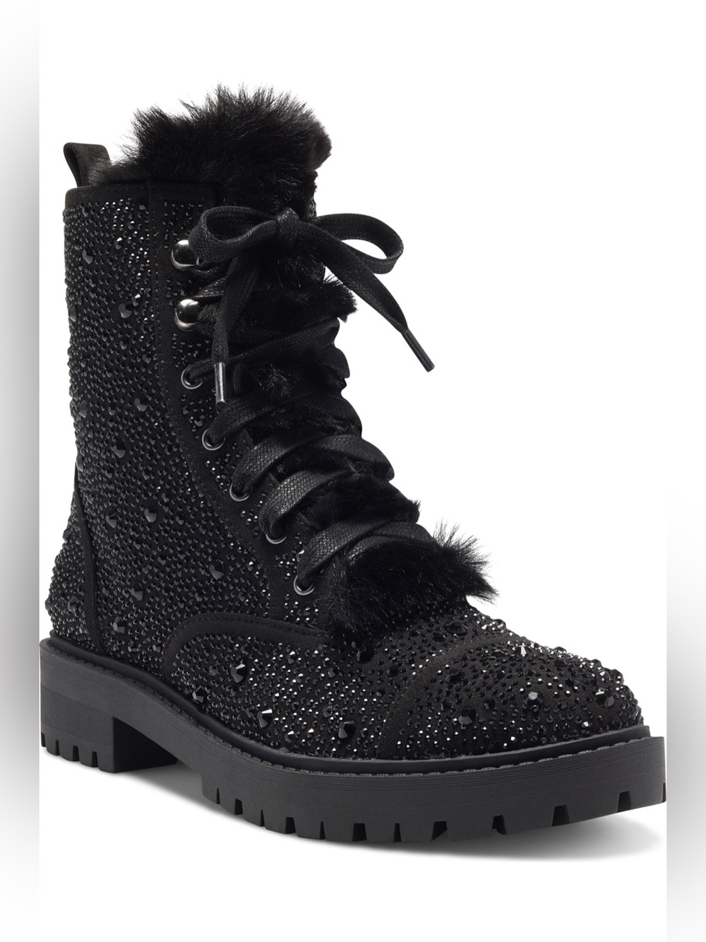 Jessica Simpson Women's Black Embellished Fur-Trim Combat Boot